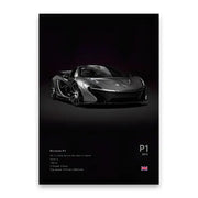 Decorbites luxury cars canvas wall art print featuring a black mclaren p1 with carbon fiber accents and alloy wheels