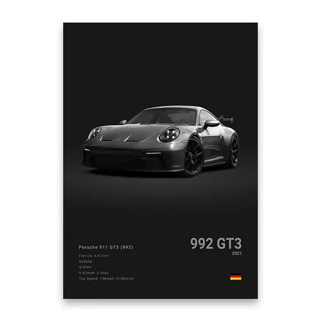 Black porsche 911 gt3 992 canvas wall art print with matte finish features sleek design for modern home decor wall art