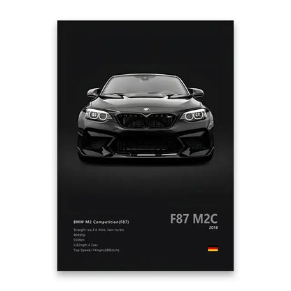 Black BMW M2 Competition (F87) wall art canvas print featuring a sleek glossy finish and bold front grille design
