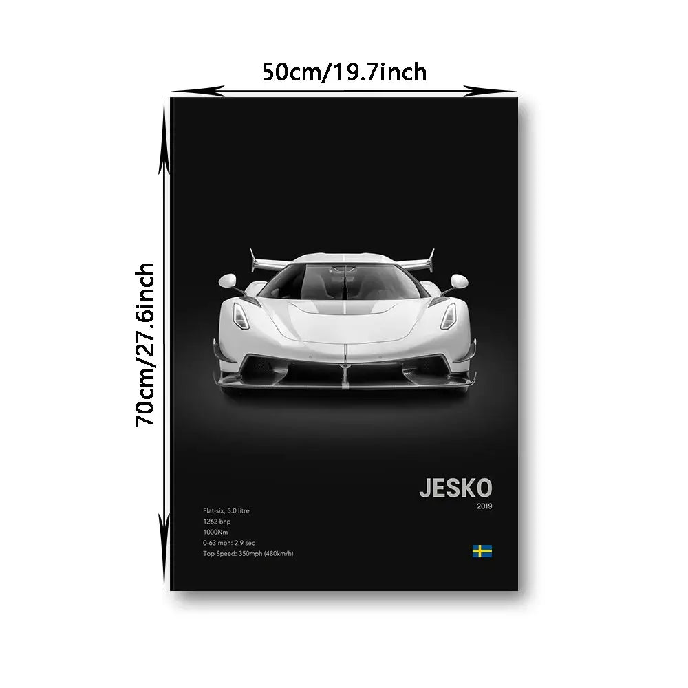 Black canvas wall art featuring a white 2019 koenigsegg jesko hypercar with specifications and swedish flag decor bites luxury cars print