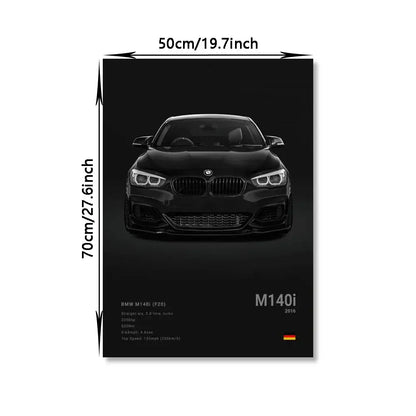 Black bmw m140i 2016 model canvas wall art featuring sleek glossy finish and bold grille for modern home decor