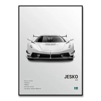Black-framed canvas wall art featuring a monochrome illustration of the white 2019 Bugatti Chiron Jesko supercar for modern home decor