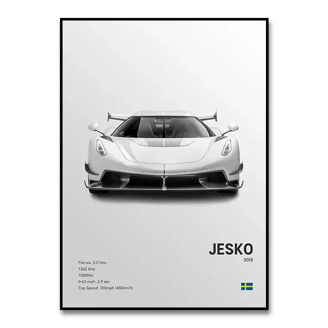 Black-framed canvas wall art featuring a monochrome illustration of the white 2019 Bugatti Chiron Jesko supercar for modern home decor