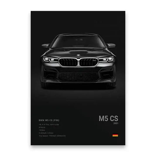 Decorbites luxury cars canvas wall art print featuring a black bmw m5 cs front grille and headlights on dark background