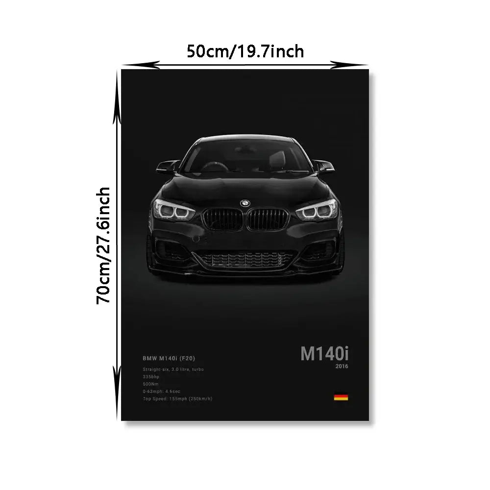 Black bmw m140i 2016 model with glossy finish and bold grille featured in DecorBites luxury canvas wall art print