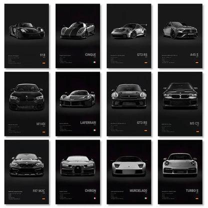 Set of twelve black-and-white luxury sports car canvas wall art prints featuring porsche 918 and ferrari laferrari models