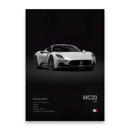 White maserati mc20 sports car canvas wall art featuring sleek aerodynamic design and black alloy wheels for modern decor