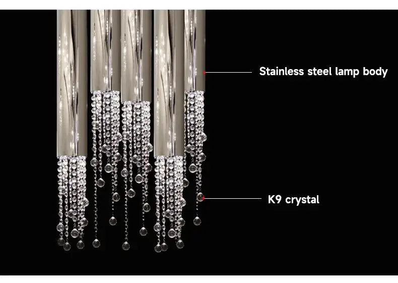 Elegant chrome crystal led chandelier with sleek stainless steel body and cascading k9 crystal strands for staircase