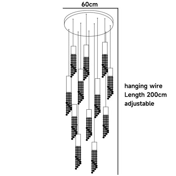 Decorbites luxury chrome crystal led chandelier with black beads and adjustable 200cm wire for staircase lighting