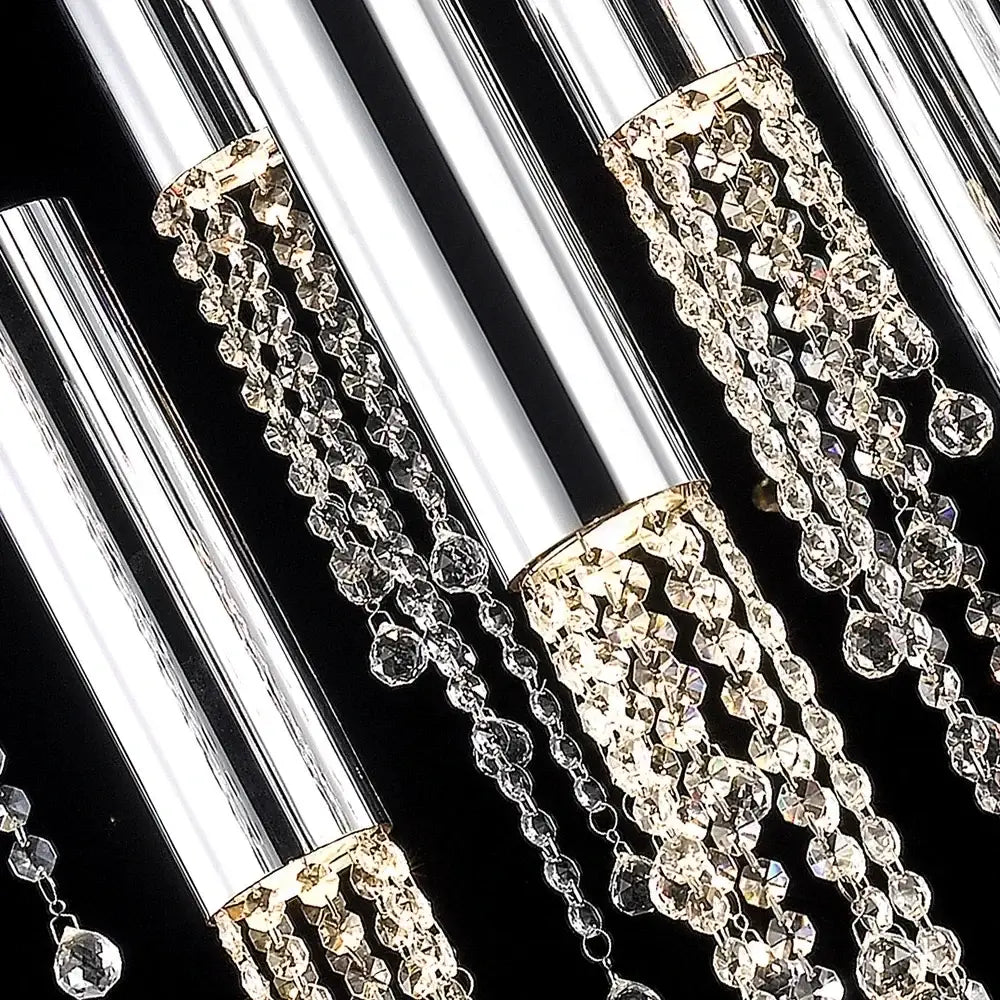 Decorbites™ luxury chrome crystal led chandelier with sleek cylindrical arms and cascading crystal beads for staircase