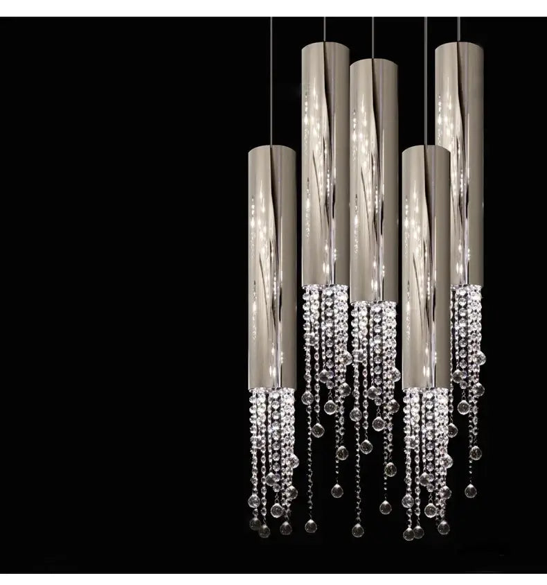 Modern chrome-finished cylindrical chandelier with cascading crystal beads for staircase featuring chrome crystal led design