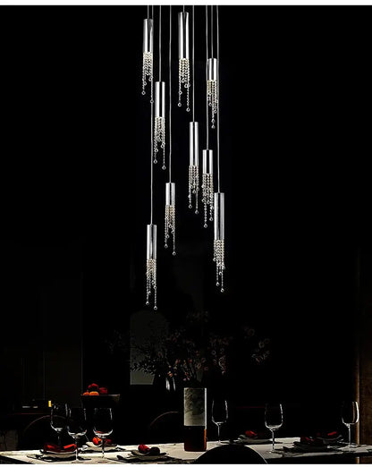 DecorBites luxury chrome crystal led chandelier with cascading crystal droplets for staircase lighting