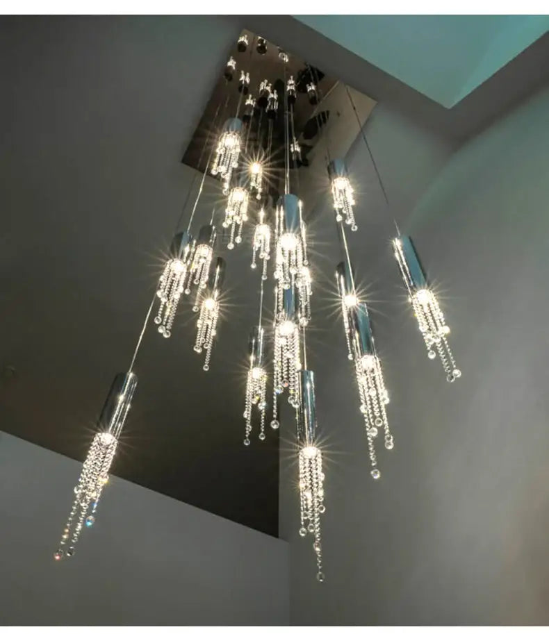 Decorbites luxury chrome crystal led chandelier with cascading beads and chrome accents for staircase lighting