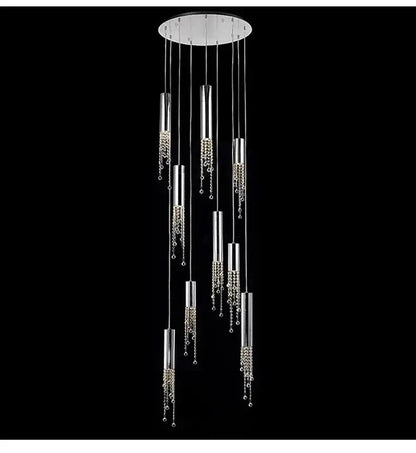 Decorbites™ luxury chrome crystal led chandelier with cascading crystal bead strands for staircase lighting