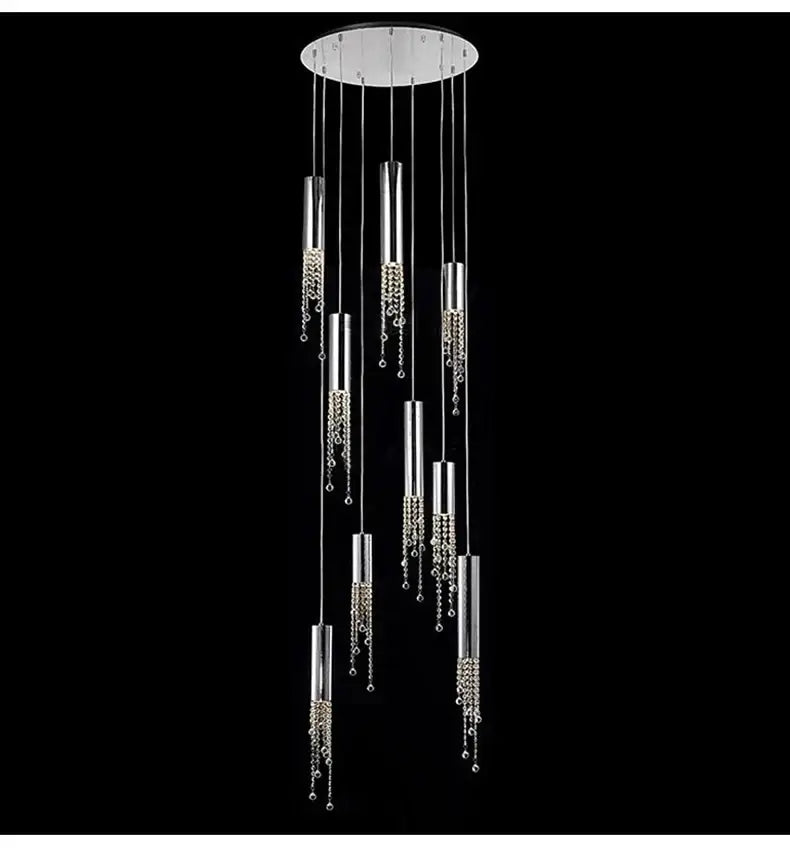 Decorbites™ luxury chrome crystal led chandelier with cascading crystal bead strands for staircase lighting