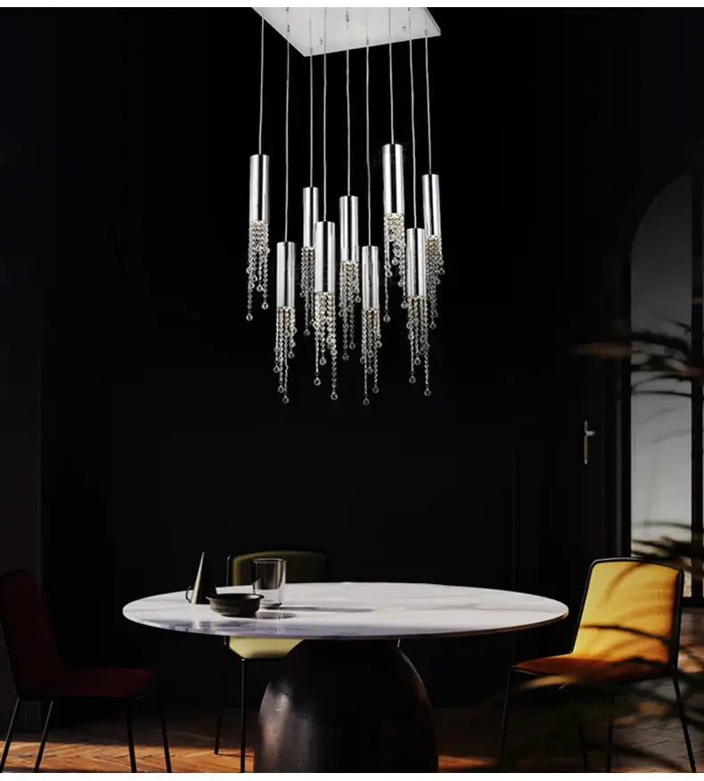 Modern chrome crystal led chandelier with cascading crystal droplets for staircase by decorbites luxury chrome crystal