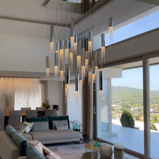 Modern chrome-finished decorbites luxury chrome crystal led chandelier with cascading crystal droplets for staircase lighting