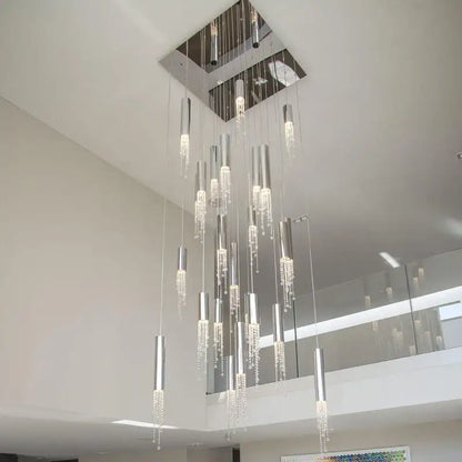 DecorBites luxury chrome crystal LED chandelier with cascading crystal droplets and cylindrical lights for staircase