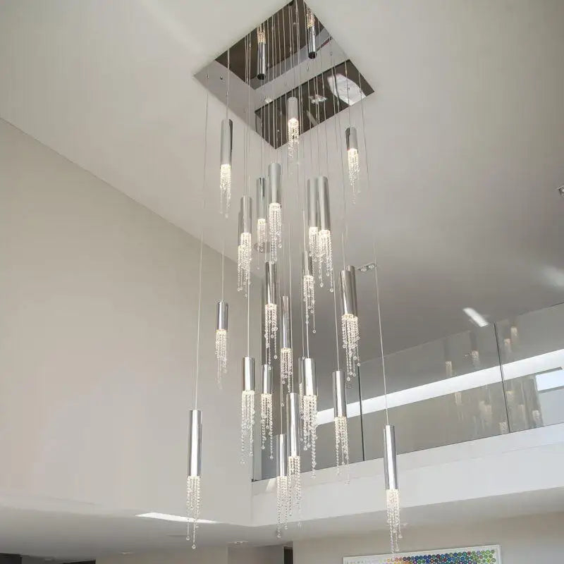 DecorBites luxury chrome crystal LED chandelier with cascading crystal droplets and cylindrical lights for staircase