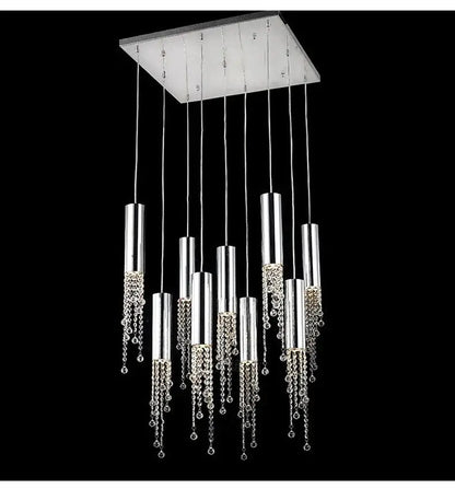 DecorBites luxury chrome crystal led chandelier with cascading beads and cylindrical lights for staircase lighting