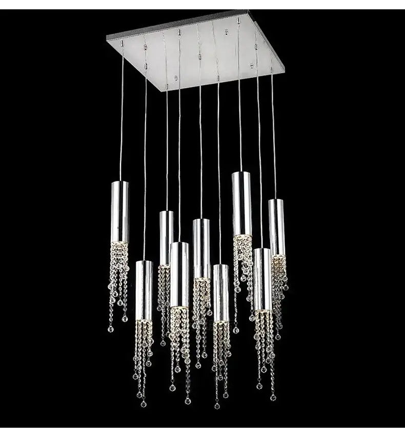 DecorBites luxury chrome crystal led chandelier with cascading beads and cylindrical lights for staircase lighting