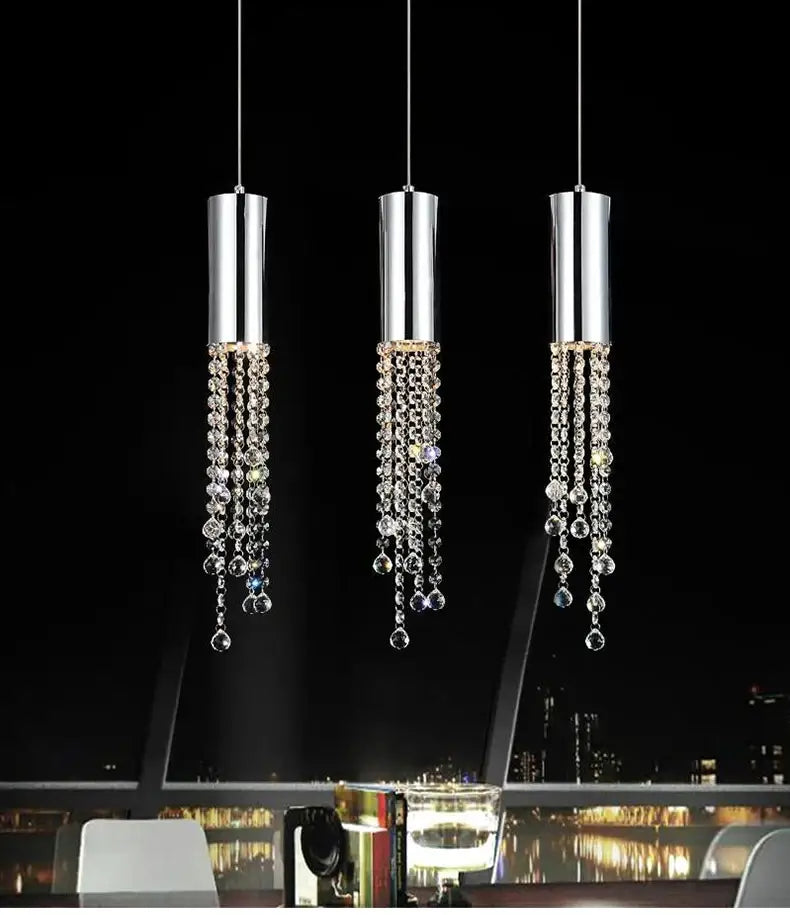 Decorbites luxury chrome crystal led chandelier with three chrome crystal cylindrical pendant lights for staircase