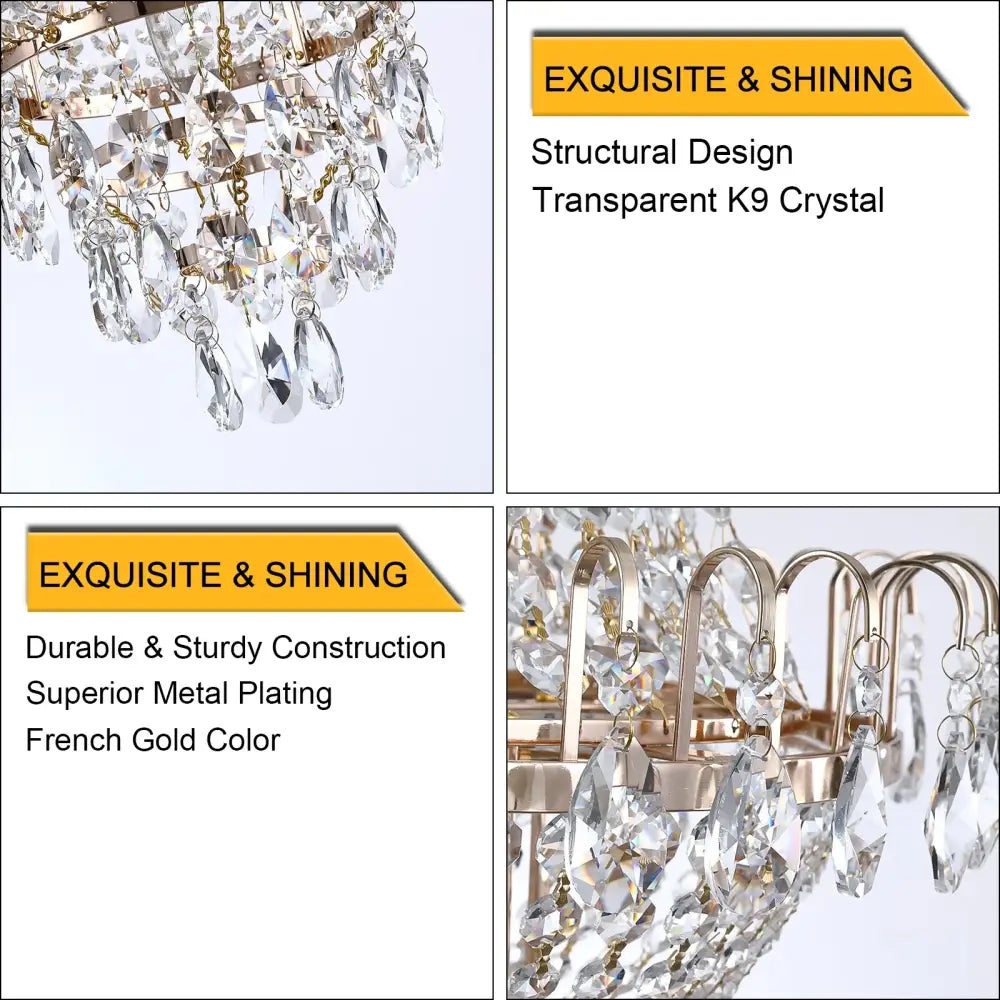 DecorBites™ luxury retro crystal chandelier with copper color french gold metal frame and transparent k9 crystal droplets