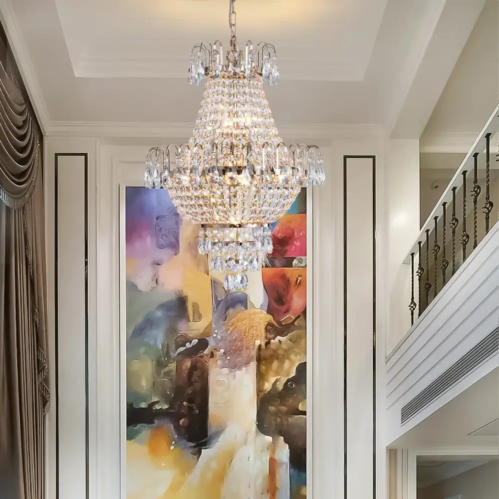 DecorBites™ luxury retro crystal chandelier with copper color metal frame and faceted crystals reflecting light
