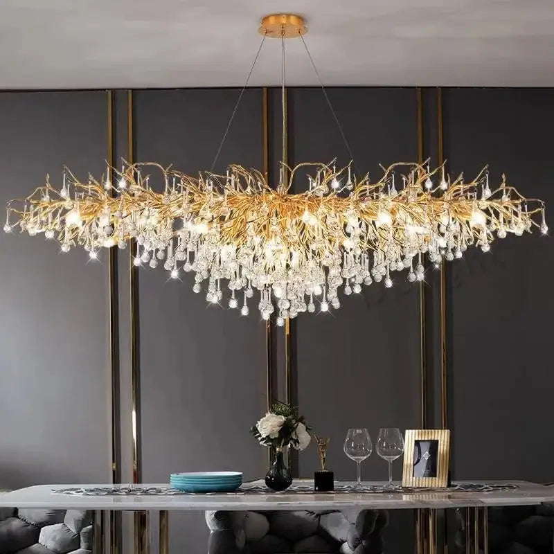 Decorbites luxury crystal chandelier with gold-toned intricate branches and cascading crystal droplets for home decor