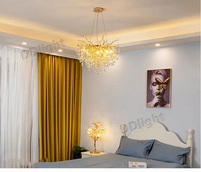 Decorbites luxury crystal chandelier with gold-toned metal frame and crystal droplets for elegant home decor