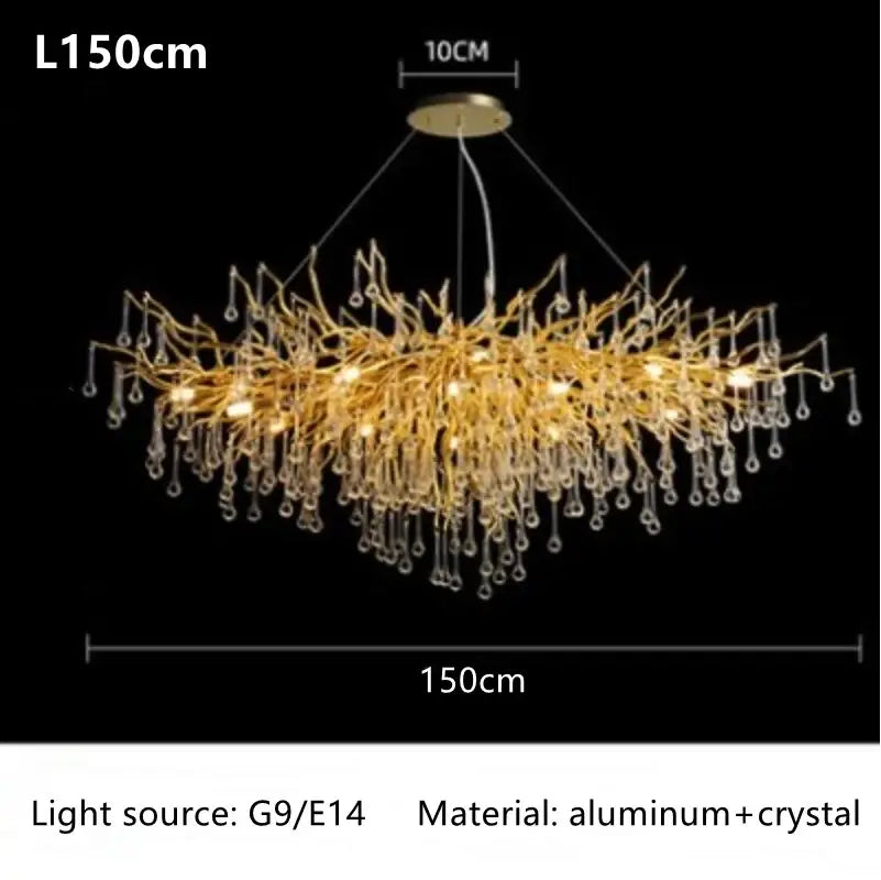 Golden branch-style luxury crystal chandelier with dangling crystal droplets crafted from aluminum and crystal for home decor
