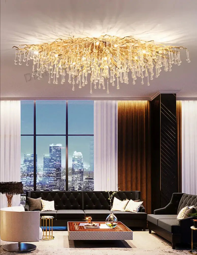 DecorBites™ luxury crystal chandelier with golden branch design and dangling crystal droplets for elegant home decor