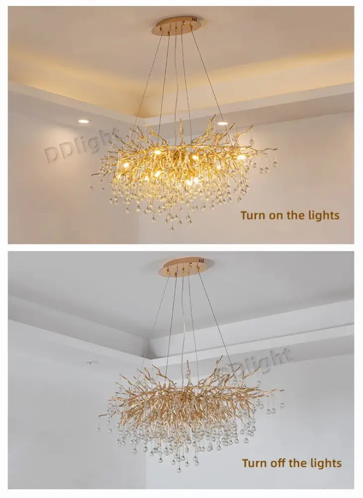 DecorBites luxury crystal chandelier with golden branch design and dangling crystal droplets for home decor