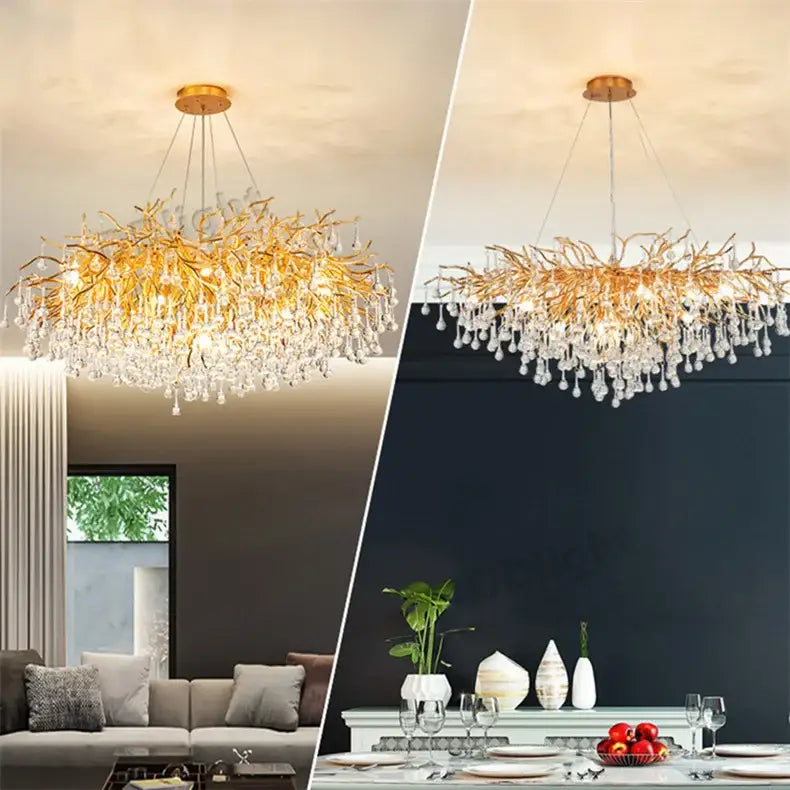 Golden branch-style luxury crystal chandelier with dangling crystal droplets by decorbites for home decor