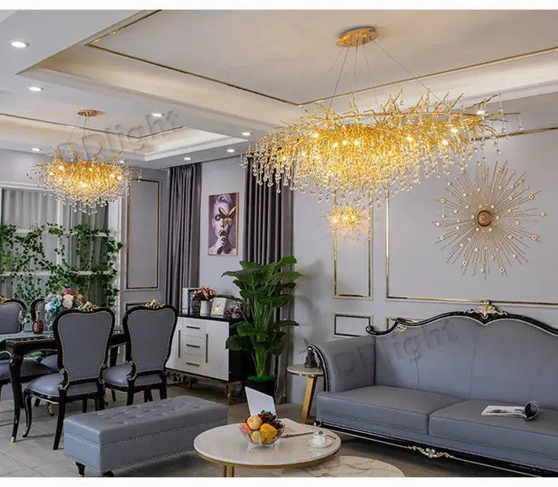 DecorBites™ luxury crystal chandelier in gold with branch design and dangling crystal droplets for home decor