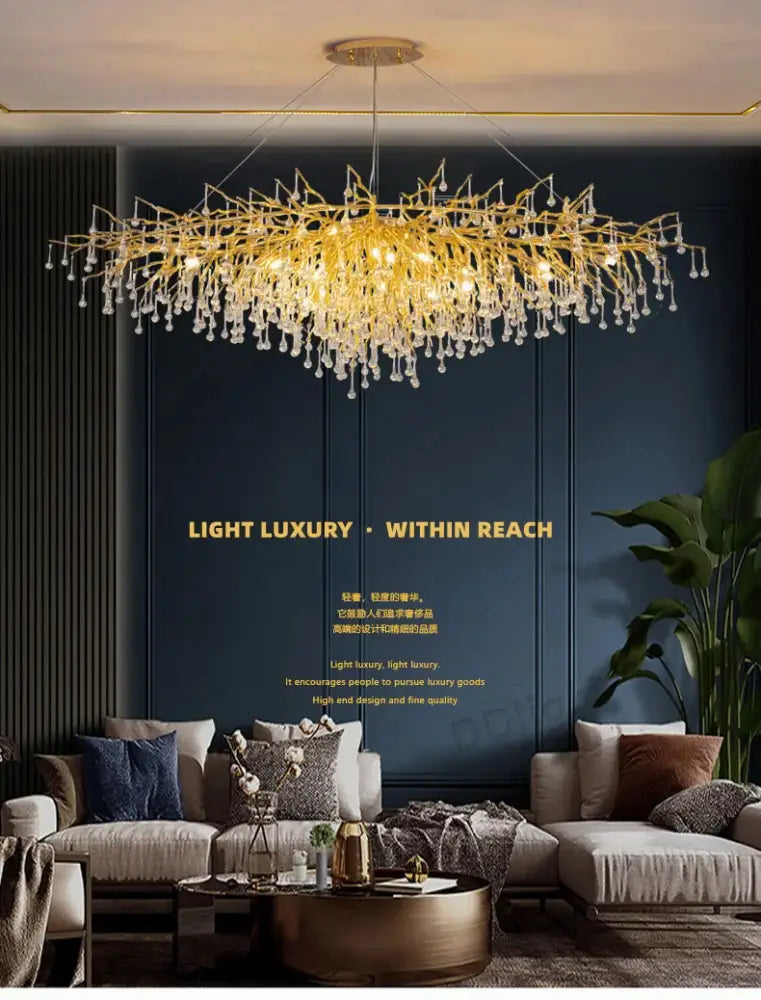 Decorbites luxury crystal chandelier featuring golden branches with dangling crystal droplets for home decor