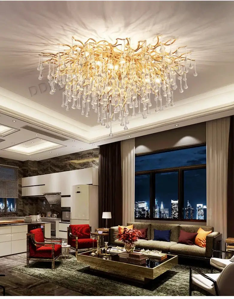 DecorBites™ luxury crystal chandelier in golden branch design with dangling crystal droplets for home decor
