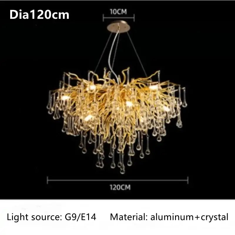 Golden branch-style luxury crystal chandelier with dangling crystal droplets crafted from aluminum and crystal for home decor
