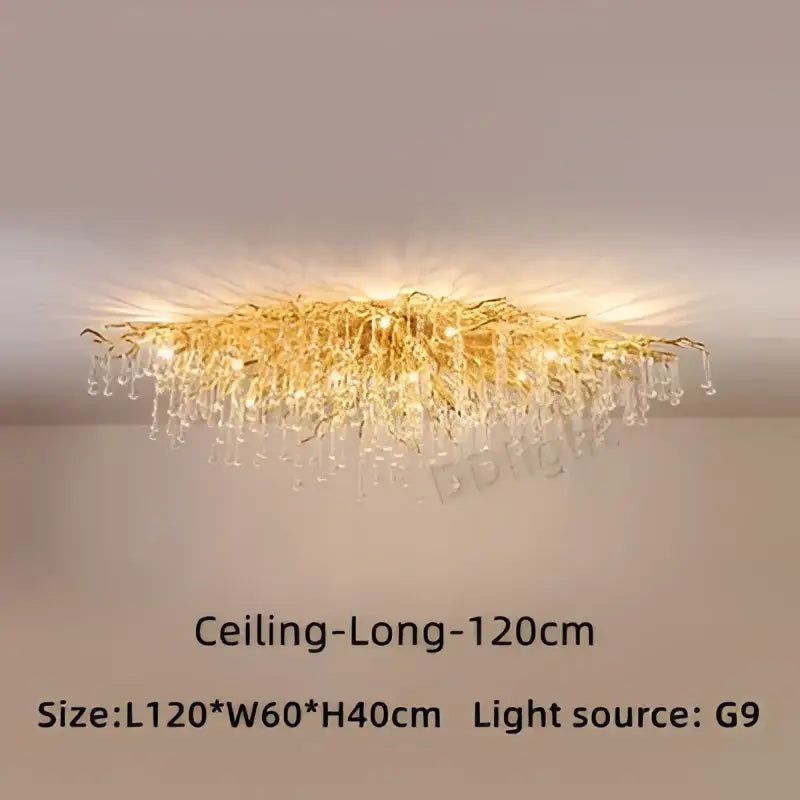 Decorbites luxury crystal chandelier featuring golden frame with cascading clear glass droplets and sunburst design