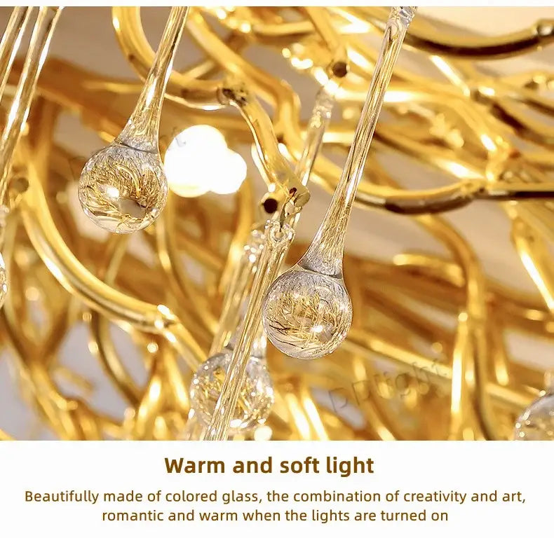 Golden glass decorbites luxury crystal chandelier with intricate arms and teardrop crystal pendants emitting warm light
