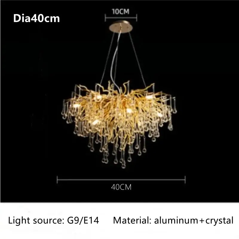 DecorBites™ luxury crystal chandelier with intricate golden aluminum branches and dangling crystal droplets for home decor