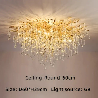 DecorBites luxury crystal chandelier featuring golden cascading teardrop pendants and intricate branching arms