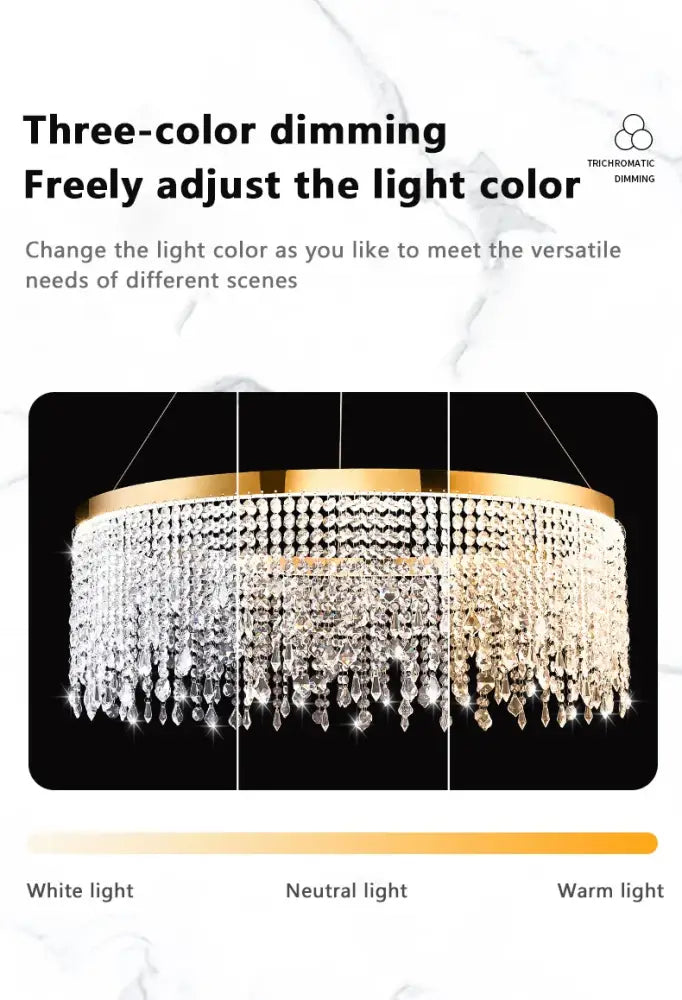 DecorBites luxury crystal chandelier pendant light with gold tone, cascading droplets, and three-color dimming function
