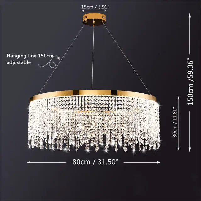 Gold-toned DecorBites luxury crystal chandelier pendant light fixture with clear crystal droplets and modern luster pendant design