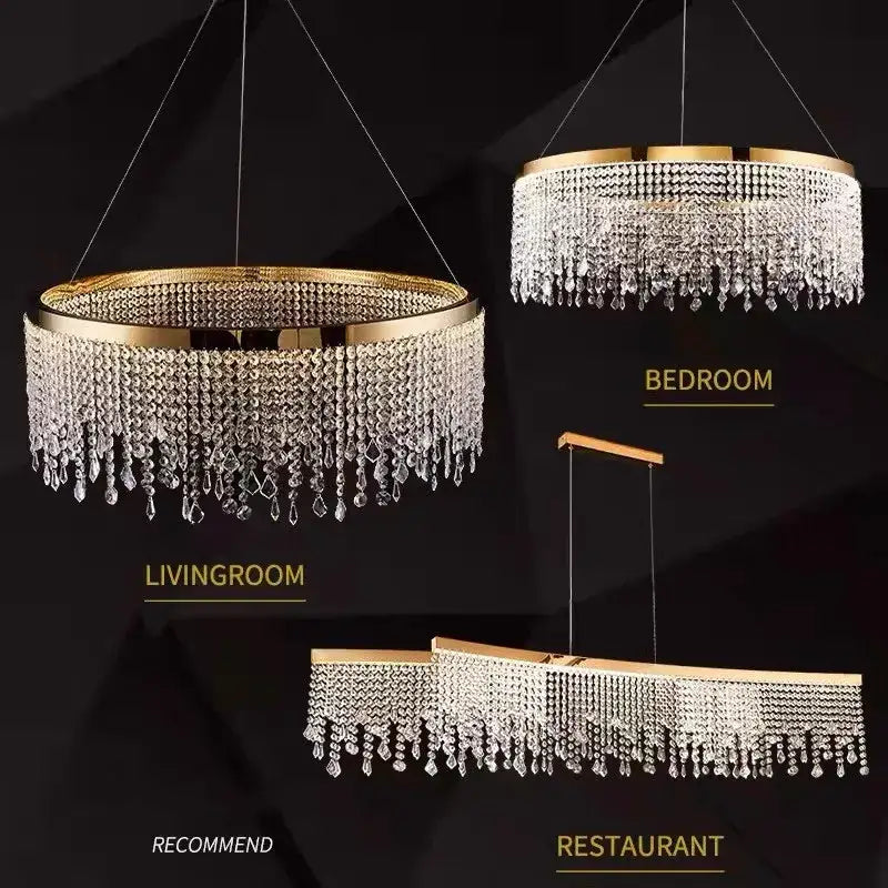 Gold-framed decorbites luxury crystal chandelier pendant light with cascading clear droplets in circular and rectangular designs
