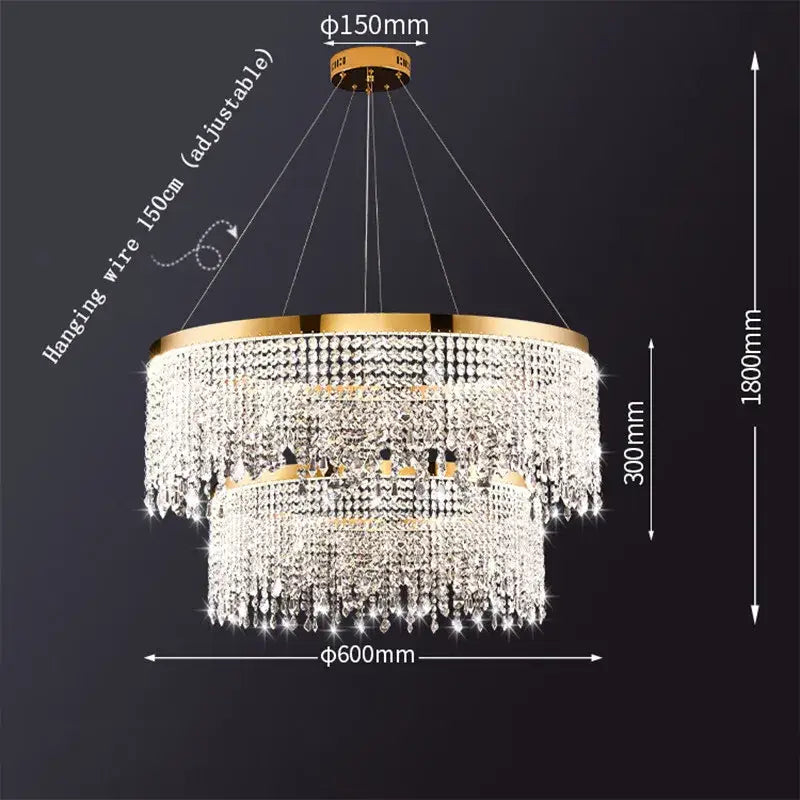 Gold-toned DecorBites™ luxury crystal chandelier pendant light with cascading clear crystals and adjustable wire
