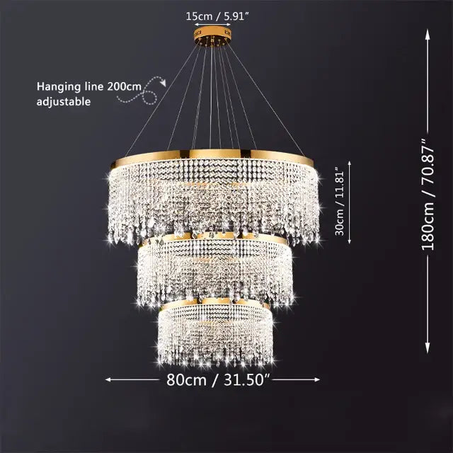 DecorBites luxury crystal chandelier pendant light fixture with three-tiered gold-toned metal frame and hanging chains