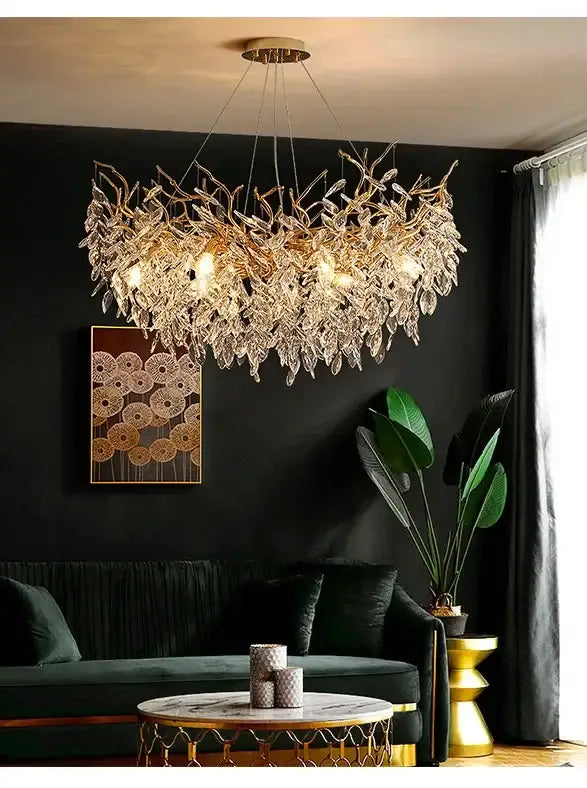 Gold-toned DecorBites luxury crystal chandelier with intricate leaf and crystal design for living room lighting