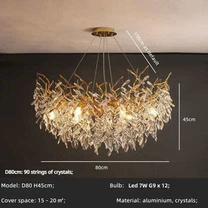 Gold-toned luxury crystal chandelier with cascading crystal leaves and aluminum fixture for living room decor