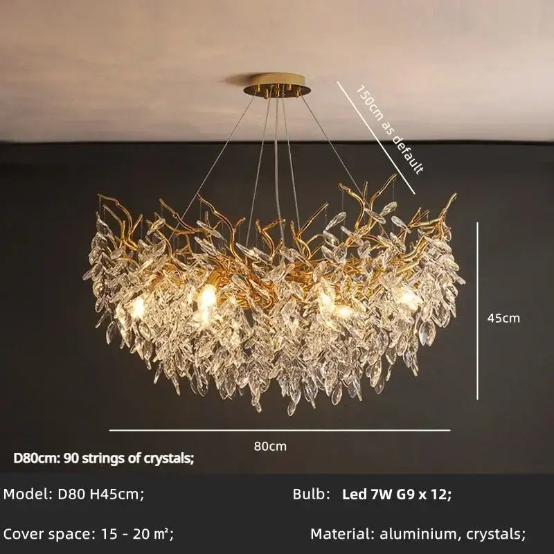 Gold-toned luxury crystal chandelier with cascading crystal leaves and aluminum fixture for living room decor